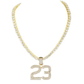 Iced Out Cross, Bull, Money Bag, 23 & More Pendants on Tennis Chain for Men or Women - Bling'ed Out Hip Hop Jewelry on Blast! - Gold or Silver & Size Your Choice - TN001 (#23 Gold, 24")