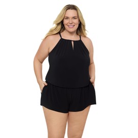 Aqua Green Women's Standard Keyhole Blouson Romper, Black, Large
