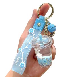 HSYHERE Women Girls Beautiful Elegant Dreamy Horse Milk Tea Bubble Tea Cup Keychain Flowing Sand, Romantic Fresh Summer Moving Sand Flower Strap Keyring Bag Pendant Car Key -Blue