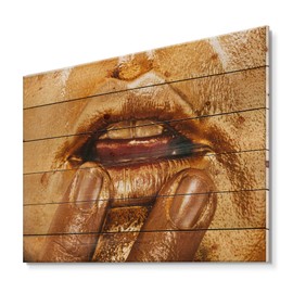 DesignQ Close Up Of Woman Lips With Bright Golden Makeup I Modern & Contemporary Wood Wall Decor, Orange Wood Wall Art, Large People Wood Wall Panels Printed On Natural Pine Wood Art