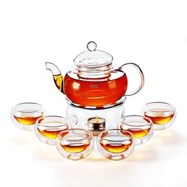27 oz Glass Teapot Set Stovetop Safe Tea Infuser Maker with a Candle Warmer and 6 Double Wall Teacups，Blooming & Loose Leaf Tea Pot CJ-800ml