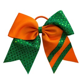 New "CONFETTI STRIPES Green Orange" Cheer Bow Pony Tail 7 Inch Girls Hair Bows Cheerleading Dance Practice Football Games Competition Birthday Tick Tock Grosgrain Ribbon