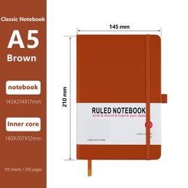 A5 Notebook, Journal Note Pad 200 Pages 80 GSM Journal Notebook Hardback Notepad Composition Notebooks with Lined Pages, Pen Loop and Expandable Paper Pocket, Journal Notepad Note Book-Brown