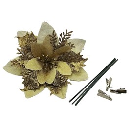 YOOGCORETT Christmas Glitter Poinsettia Artificial Flowers 12pcs with Clips & Stems for Christmas Tree Ornaments Flowers, Gold - 5.5 Inch