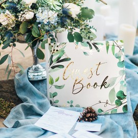 Wedding Guest Book 96 Pages Photo Album Guest Book for Wedding Reception with Gold Foil & Eucalyptus Leaves Design, 8” × 8” Guest Book for Wedding Hard Cover Book with Thick White Paper