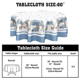 Winter Snowflake Snowman Round Tablecloth 60 Inch Deer Cabin and Farm Truck Christmas Decorative Table Cloth Blue Winter Holiday Tablecloth Polyester Table Cover for Kitchen Dining Room Party Decor
