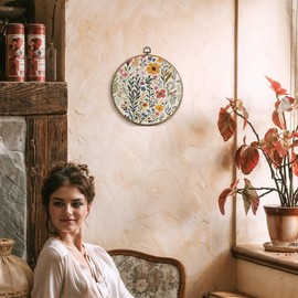 FUGWN Vintage Wildflower Floral Round Wall Art Decor Framed, Nature Cottagecore Flower Canvas Artwork Prints, Retro Floral Botanical Wall Hanging Decorations for Home Bedroom Living Room, 10x10 Inch