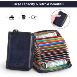 Genuine Leather Credit Card Holder Case RFID Blocking Travel Passport Wallet， Small Card Case for Men Accordion Wallet with Zipper ，Compact Size (Blue)