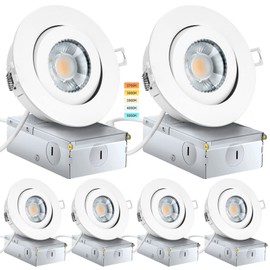 KnLnny Ware Recessed Lighting 9W 750LM Dimmable LED Recessed Ceiling Light with Junction Box,Adjustable Eyeball Gimbal, Air Tight,ETL Listed,5 CCT Selectable, 6Pack