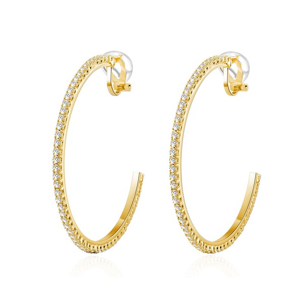 QUKE 5.5CM Gold Clip On Hoop Earrings Cubic Zirconia Non