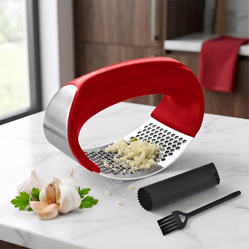 Garlic Squeezing Tool Stainless Steel Garlic Grinder with Peeler &