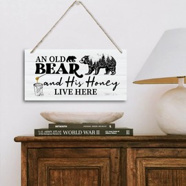 Funny Old Bear and His Honey Live Here Wood Plaque, Hanging Sign, Bedroom Decor, Wall Art 12" x 6"
