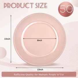 YJYQHYX 50 Pack Rose Gold Charger Plates 13" Plastic Round Charger Plates Dinner Plate With Beaded for Spring Easter Wedding Table Dinner Kitchen Catering Event Party Decoration