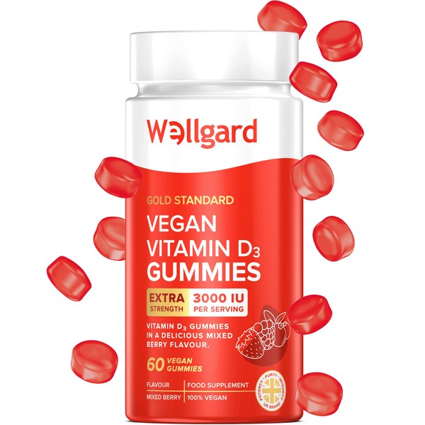 High Strength Vitamin D3 Gummies 3000 IU by Wellgard - 60 Vegan Vitamin D Gummies Adults, Chewable Vitamin D, Mixed Berry Flavour
