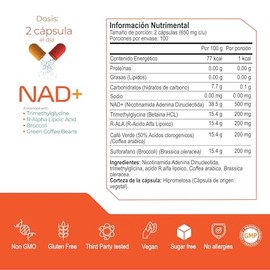 ETERNAL NUTRITION NAD+ Puro con Trimetilglicina y Ácido Alfa Lipoico (200 Cápsulas) | Precursor NMN y NR | 100 Porciones · 1300 mg | Energía Celular, 
