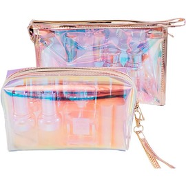 Norhogo 2 Pieces Cosmetic Bag Laser Holographic Makeup Bag Pencil Case Makeup Bag Waterproof Zip Storage Bag Women for Work, Study, Home or Travel Large + Small, Colourful
