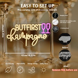 Wanxing LED Neon Light Sign - But First Champagne Neon Sign with Glass Design - Wall Decor for Home Bar, Kitchen, Man Cave, Pub, Weddings, Birthdays, Graduations, and Christmas Gifts - Size: 16.3" x 9.45", USB Warm Light