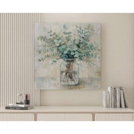 CHUKIWIS Rustic Minimalism Canvas Wall Art Eucalyptus Flower Herb Country Jar Prints Painting Home Decor for Living Room Bedroom Bathroom Office Ready to Hang 14"x14"