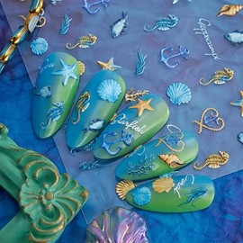 Summer Nail Stickers for Nail Art, 5D Embossed Nail Decals Shell Starfish Design Nail Art Supplies Self Adhesive Ocean Nail Art Stickers Cute Nail Decorations for Women Girls Manicure Accessories
