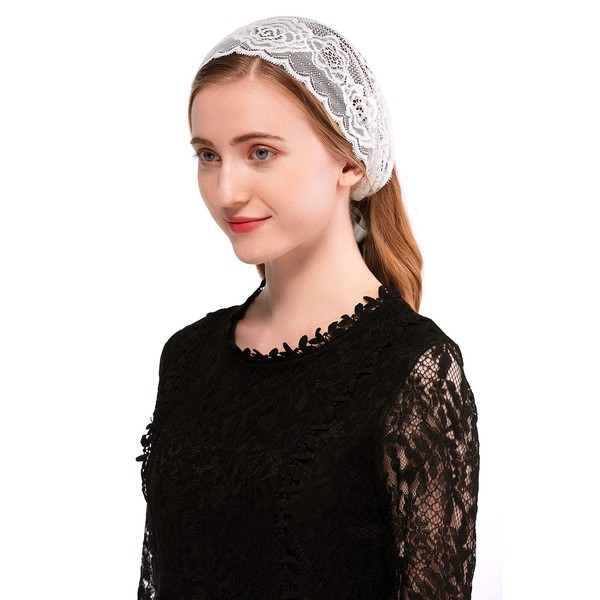 PAMOR Rose Lace Headband Kerchief Tie-style Floral Headwrap Latin Mass Head Covering Church Veil with Bobby Pins (White)
