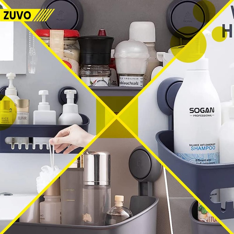 Zuvo Shower Shelf No Drilling with Suction Cups, Glue-Free Bathroom