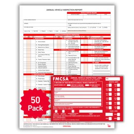 50 Pack Buck 3-Ply Carbonless Annual Vehicle Inspection Report Forms with Red Aluminum FMCSA Adhesive Labels with Punch Boxes, FMCSA & DOT Compliant, Shrinkwrapped Bundle, 8.5" x 11.8" - Made in USA