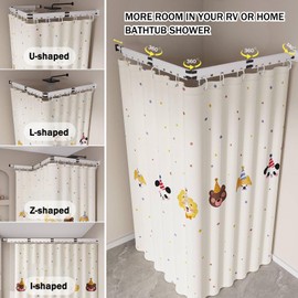 Wall Mount Folding Shower Curtain Rod, 57 Inches Shower Curtain Rod(4-Fold), Adjustable Corner Shower Curtain Rod 90 Degrees, No Drill, Space Saver, Bathroom Bathtub, Clothing Store, Dressing rooms