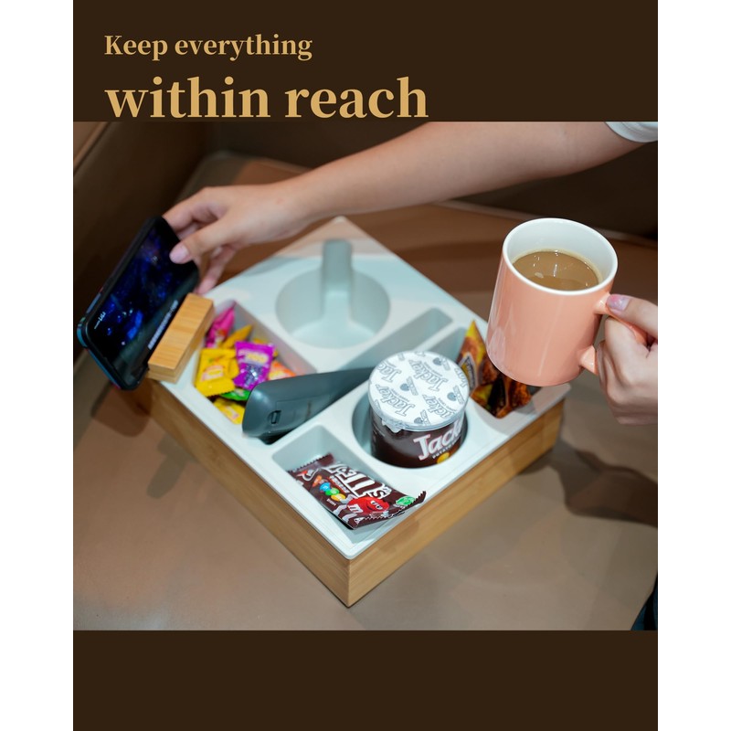Hitseon Couch Cup Holder Tray, Handy Silicone Bamboo Couch Caddy