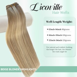 Sew in Hair Extensions Blonde Human Hair Wefts Beige Blonde with Platinum Highlights Straight Bundles Real Human Hair Extensions Sew in 14 Inch 80G for Women