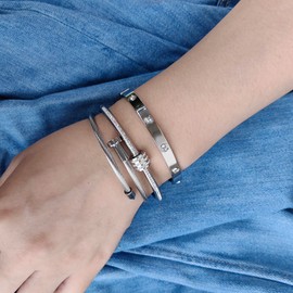 MAOCEN Women's Stainless Steel Bracelet Gold Plated Cuff Bangle With Cube Zircon Hinge Jewelry oval Bangle Witness the Gift of Love (6mm Silver 3pcs-A)