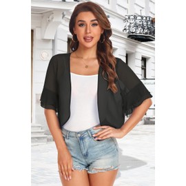 Womens Chiffon Cardigan Bolero Shrug Plus Size Cover Up Short Kimono Blouse Sheer Crop Tops (Black,L)