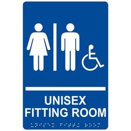 ComplianceSigns.com Accessible Unisex Fitting Room Sign, ADA-Compliant Braille and Raised Letters, 9x6 in. Blue Acrylic Plastic with Mounting Strips