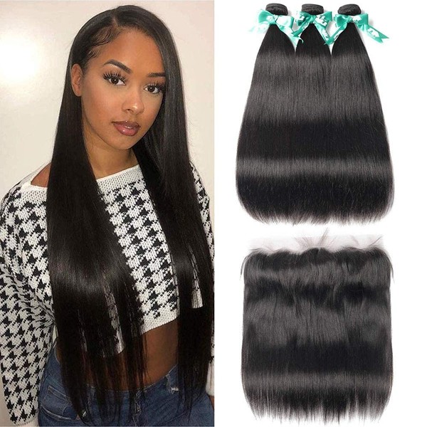 Brazilian Lace Frontal Closure with 3 Bundles Straight Virgin Hair Weave 13x4 Ear to Ear Frontal Lace Closure with Baby Hair 8A Unprocessed Human Hair Extension (22 24 26+20Frontal)