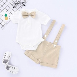 RUSHAIBAR - Conjunto de traje formal para bebés y niños, con tirantes, pantalones cortos, pajarita de boda, esmoquin para tartas, ropa de Smash, Beige, 0-6 Meses