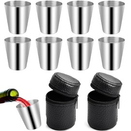 Pack of 8 Stainless Steel Cups, 30 ml Stackable Shot Cups, Small Stainless Steel Cups, Shot Cups, Stainless Steel, Portable Metal Cups, Stackable with 2 Leather Cases with Zip for Camping, Picnics,