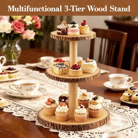 3-Tier Round Wooden Cupcake Stand, Rustic Natural Bark Wood Dessert Display Tower Platter for Wedding, Birthday, Baby Shower, Tea Party & Farmhouse Party Buffet