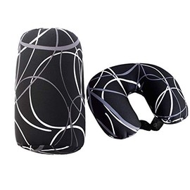 Bookishbunny 2pcs Micro Bead Set U Shaped Neck Travel Pillow 12" x 12" x 4" and Roll Back Pillow Cushion 13" x 7", Various Designs (Black Wave)