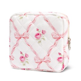 SXS LACONIC Small Makeup Bag for Purse,Quilted Cosmetic Pouch, Mini Make up Bags with Compartments Inside, Cute Cosmetic Organizer for Women, Travel Toiletry Bag, Pink Bow, Flower