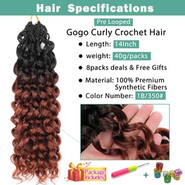 New Gogo Curl Crochet Hair Pre Looped 8 Packs Pre Twisted Curly Crochet Hair for Black Women Beach Curl Wave Crochet Synthetic Hair Extensions (14Inch 1B/350#)