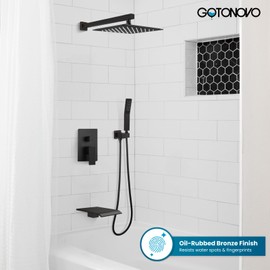 gotonovo 10'' Rain Shower Faucet System Rainfall Shower Head with Handheld Sprayer Waterfall Tub Spout Wall Mounted Mixer Combo Rough-in Valve and Trim Included 5.7 Inch Wide Spout Oil Rubbed Bronze