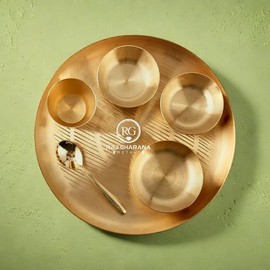 RAJ GHARANA METALS Pure Kansa (Bronze) Dinner Set - 6 Pcs KANSA Utensils - 1 Platter, 2 Bowls, 1 Sweet Dish, 1 Glass, 1 Spoon - Ideal Gift