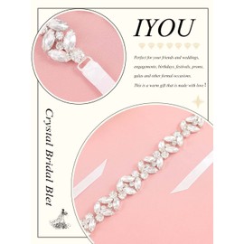 IYOU Sparkly Crystal Bridal Belt Rhinestone Silver Wedding Sash Belt Prom Party Bride Dress Belt with White Ribbon for Women