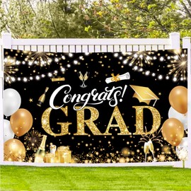 Aaskuu Aaskuu Graduation Banner 2025 Black and Gold - 72.8x43.3 Inch Congrats Grad Backdrop for Party Decorations, Large Congratulations Class of 2025