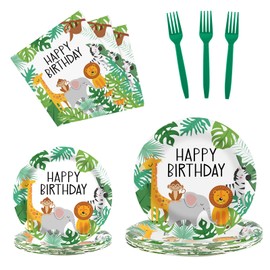 Cangmyxis 60pcs Wildlife Happy Birthday Paper Plates Safari 7inch & 9inch and Napkins Forks Zoo Animals Disposable Dessert Plate Party Tableware For Kids Birthday Party Decorations,Serve 15