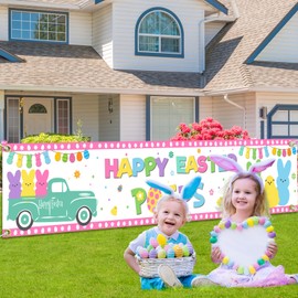 Easter Banner, Easter Colorful Bunny Large Yard Sign Banner Decorations, Happy Easter Banner Indoor Outdoor Spring Easter Party Supplies