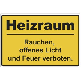 Sign "Heizraum - Rauchen, offenes Licht und Feuer verboten." Aluminium / Dibond 200 x 140 mm - 3 mm Thick