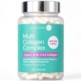 Multi Collagen Complex – Types I, II, III, V & X Collagen (Marine, Bovine & Eggshell Membrane) with 80mg Hyaluronic Acid, Biotin, Vitamin C, Copper & Manganese – Hair, Skin & Nails – 60 Capsules