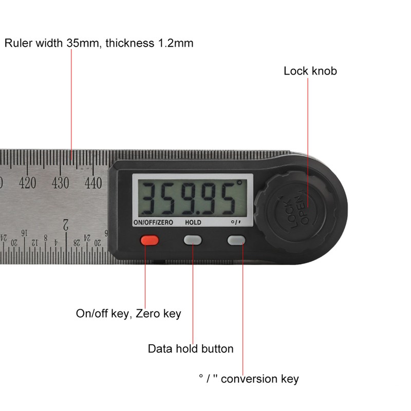 Digital Angle Ruler 200mm 360 Degree Lockable LCD Clear Display