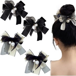 4 Pcs Bow Pearl Hair Clips Ribbon Bowknot Hair Claws Ponytail Holder Headwear Accessories for Women (Black，White, 8.5 * 9CM)