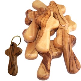Holy Land Market 10 Small Olive Wood Pocket/Holding Crosses plus 1 Keychain